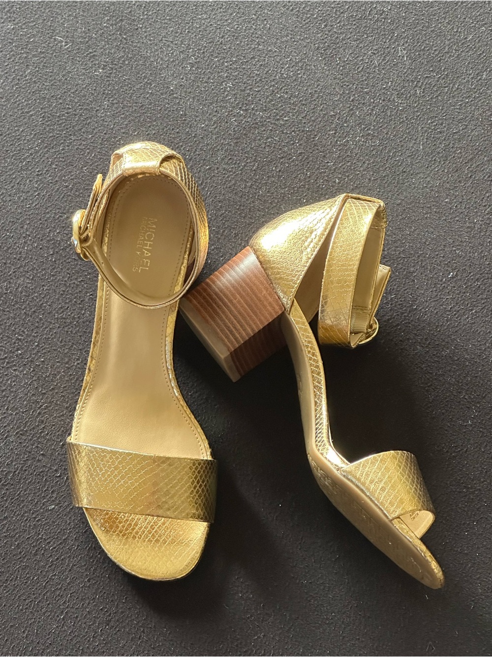 Michael Kors Lena Flex Mid Embossed Metallic Leather Sandals – Like New!